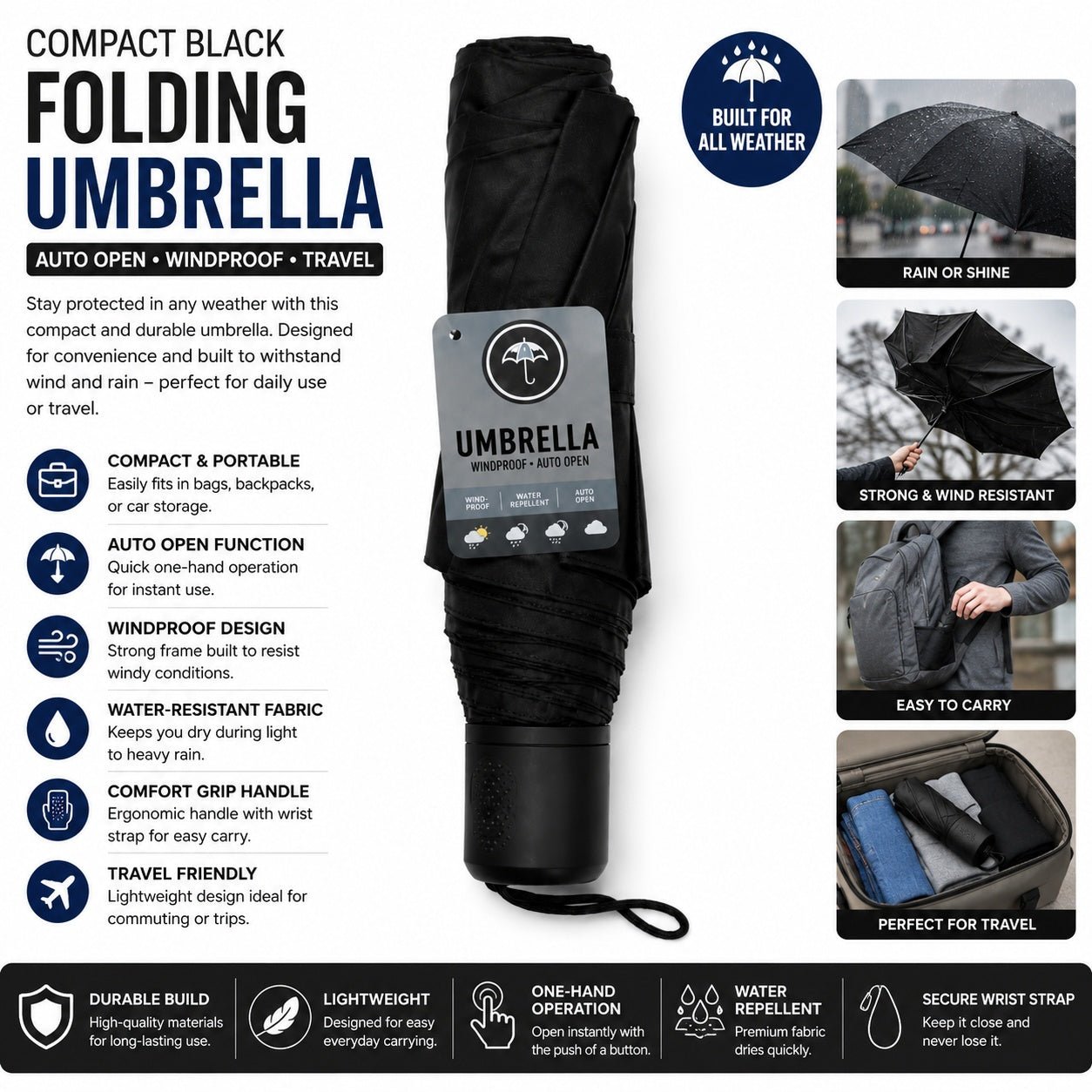 Black folding umbrella with features listed on a white background