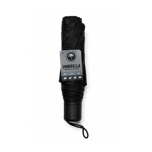 Black umbrella with a label on a white background