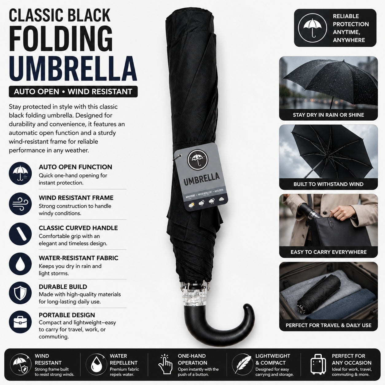 Black folding umbrella with features listed on a white background
