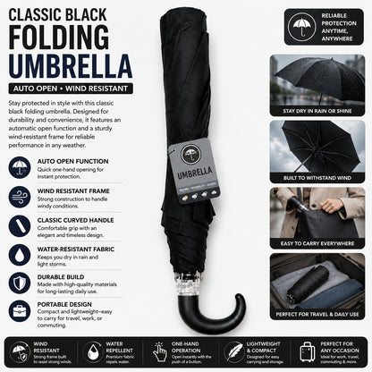 Black folding umbrella with features listed on a white background