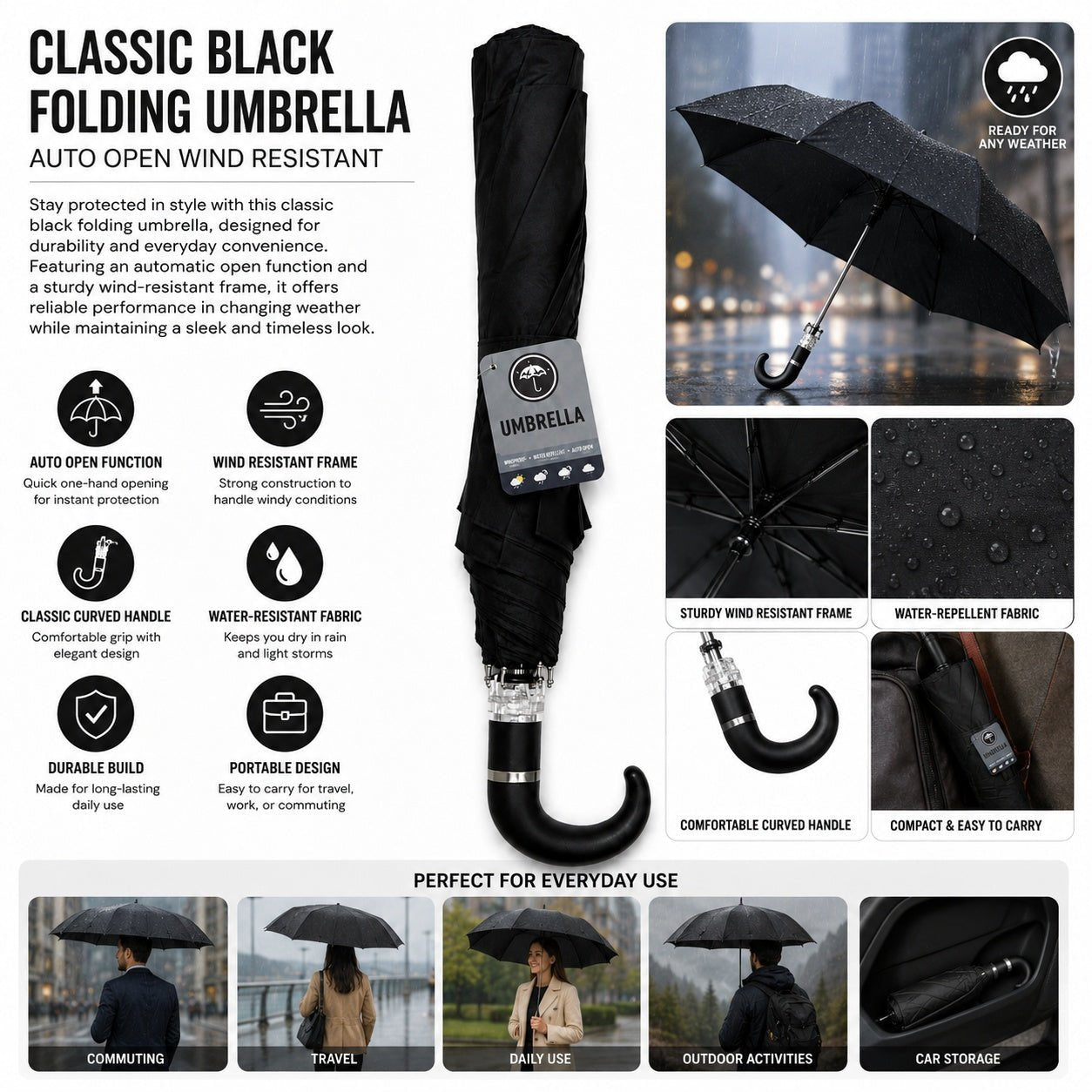 Black folding umbrella with features and usage scenarios on a promotional graphic.