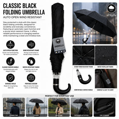 Black folding umbrella with features and usage scenarios on a promotional graphic.