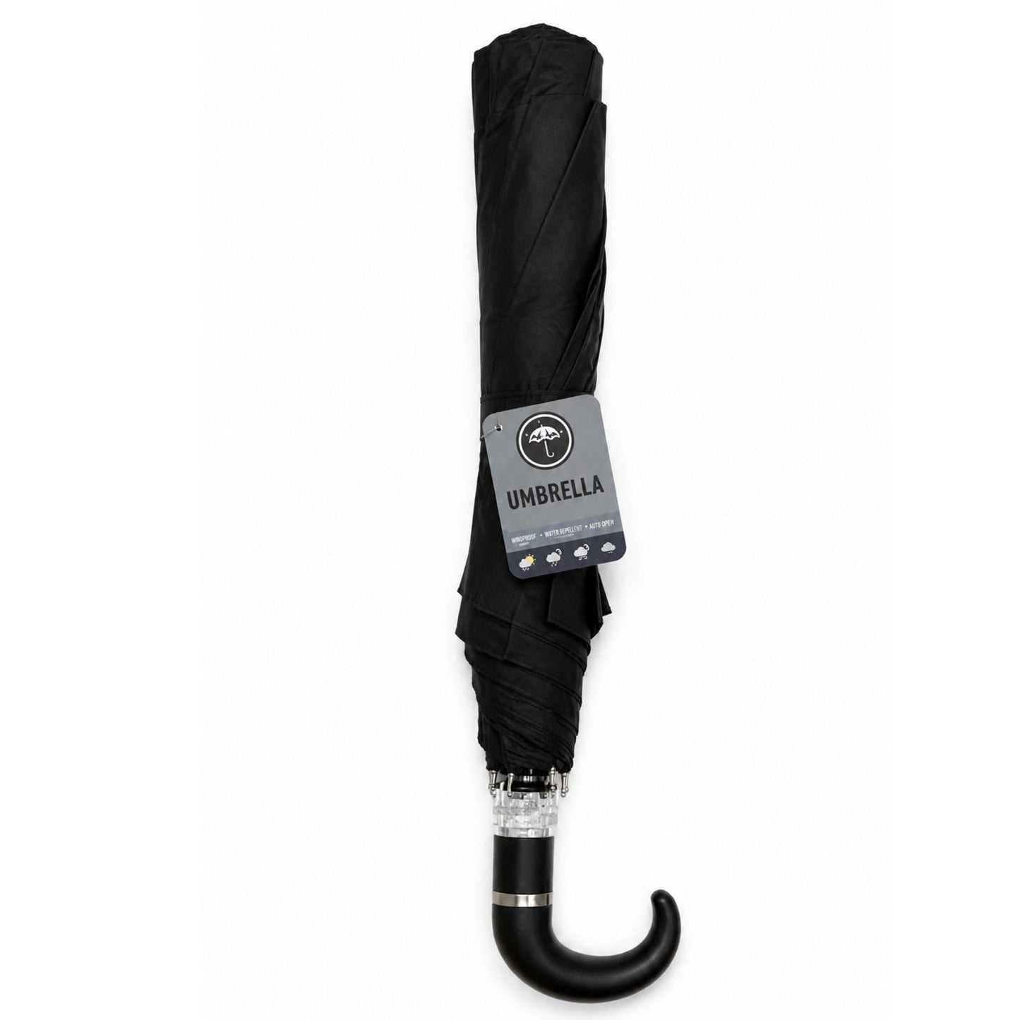 Black umbrella with a clear handle on a white background