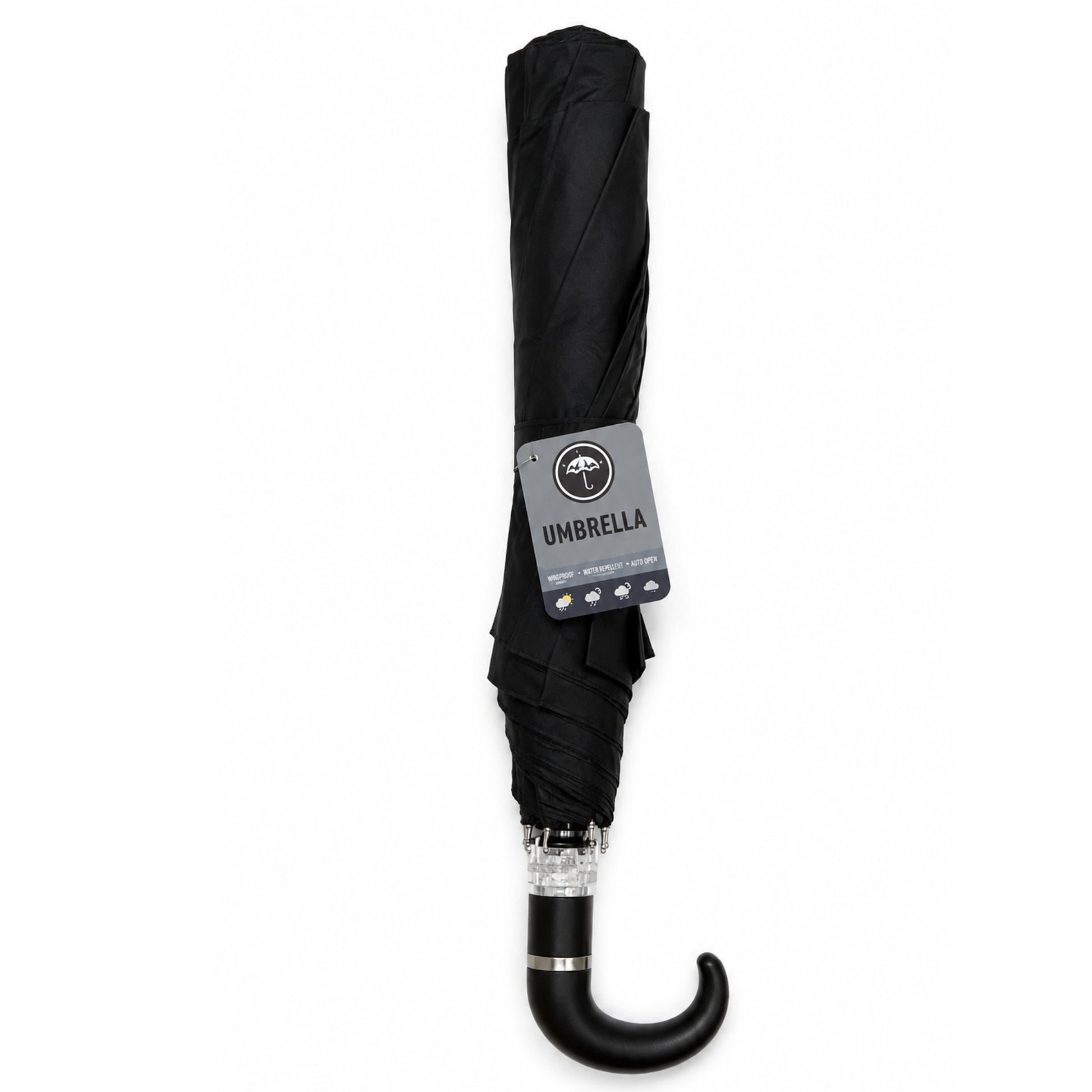 Black umbrella with a clear handle on a white background