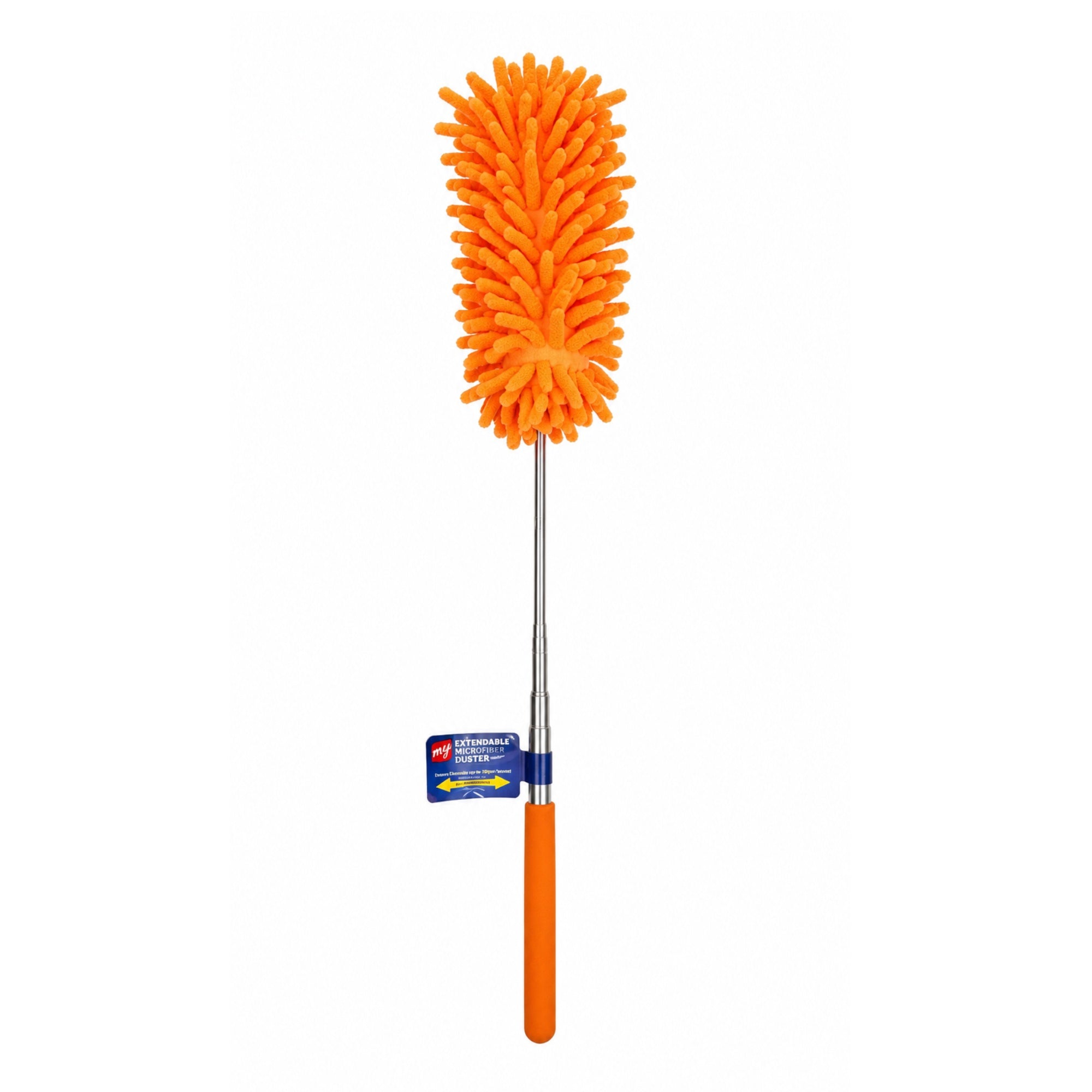 Orange feather duster with a telescopic handle on a white background