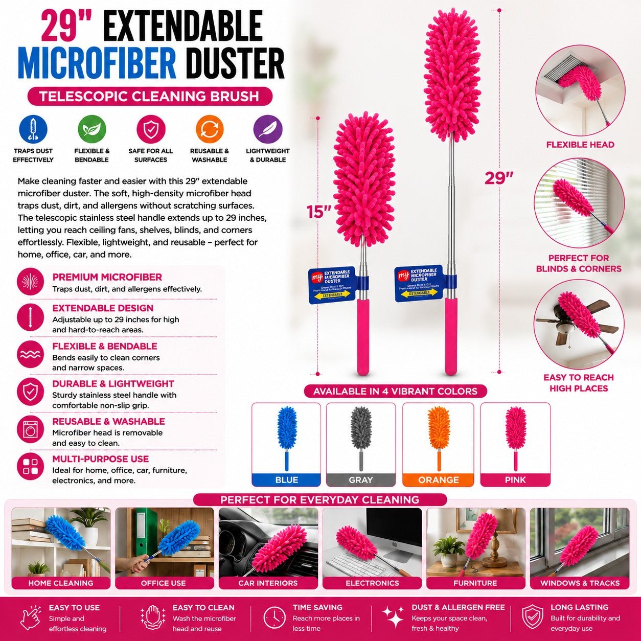 Extendable microfiber duster with pink bristles, featuring specifications and uses.