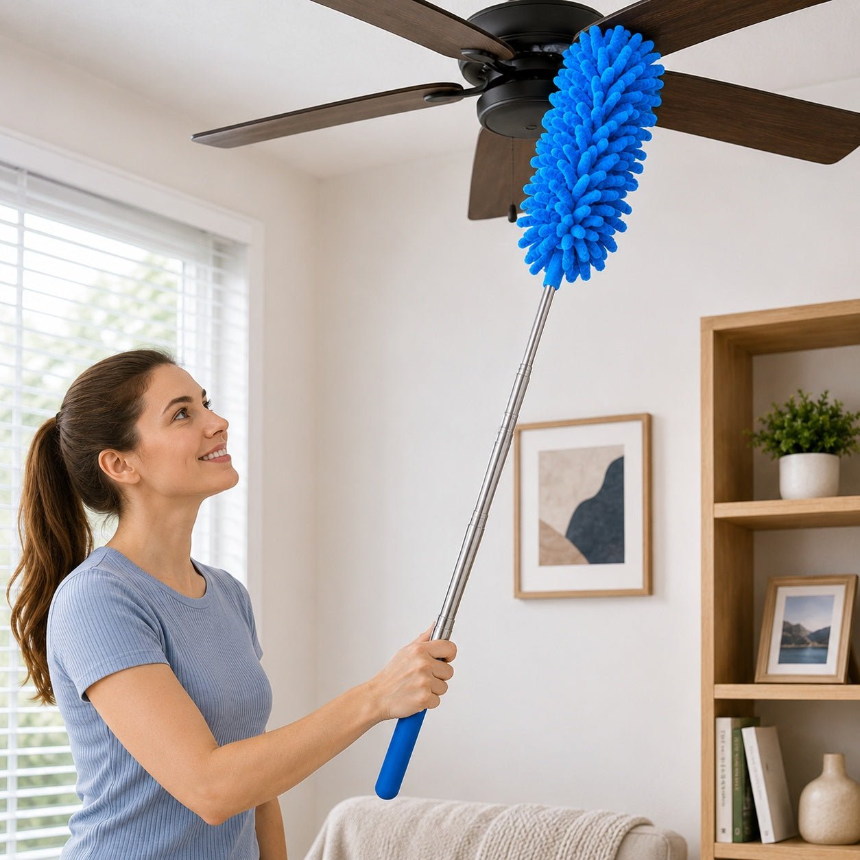 Woman using a blue feather duster to clean a ceiling fan in a living room.