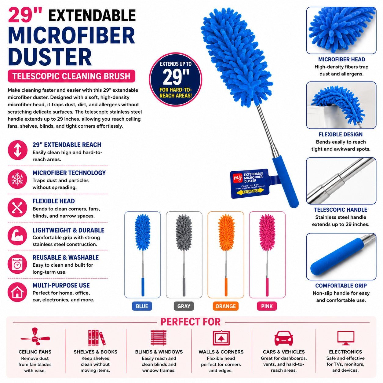 Extendable microfiber duster with features and color options displayed.