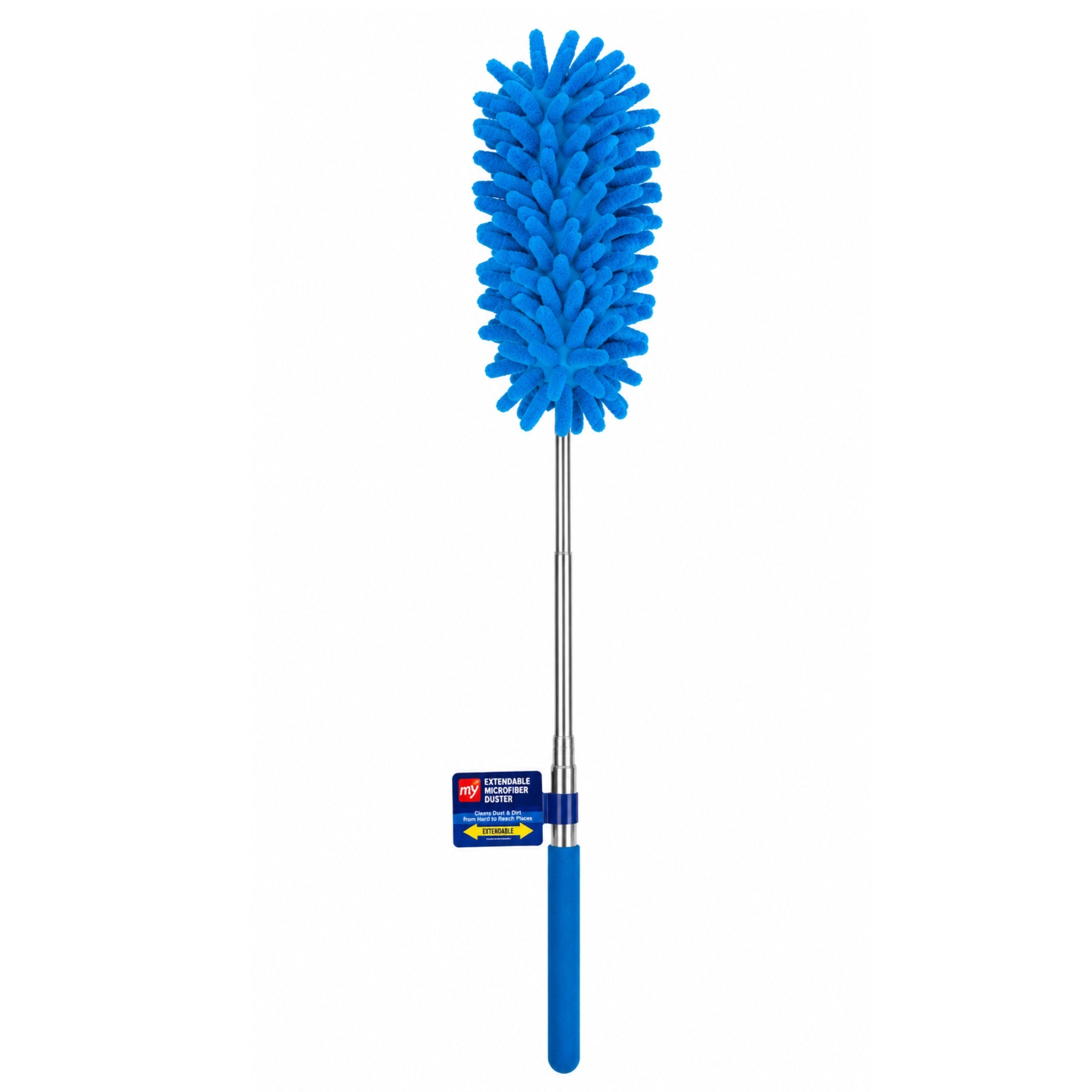 Blue duster with a telescopic handle on a white background