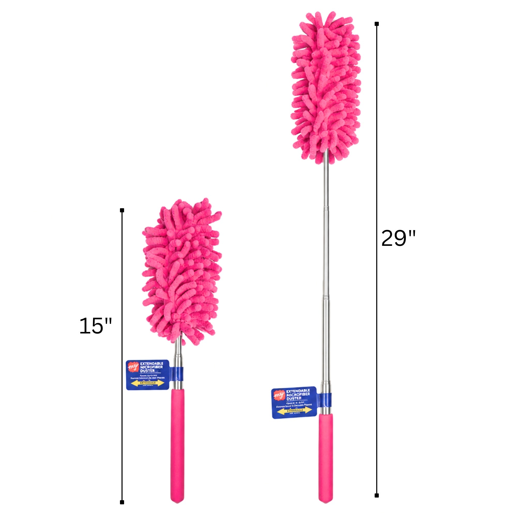 Two pink microfiber dusters with measurement labels on a white background