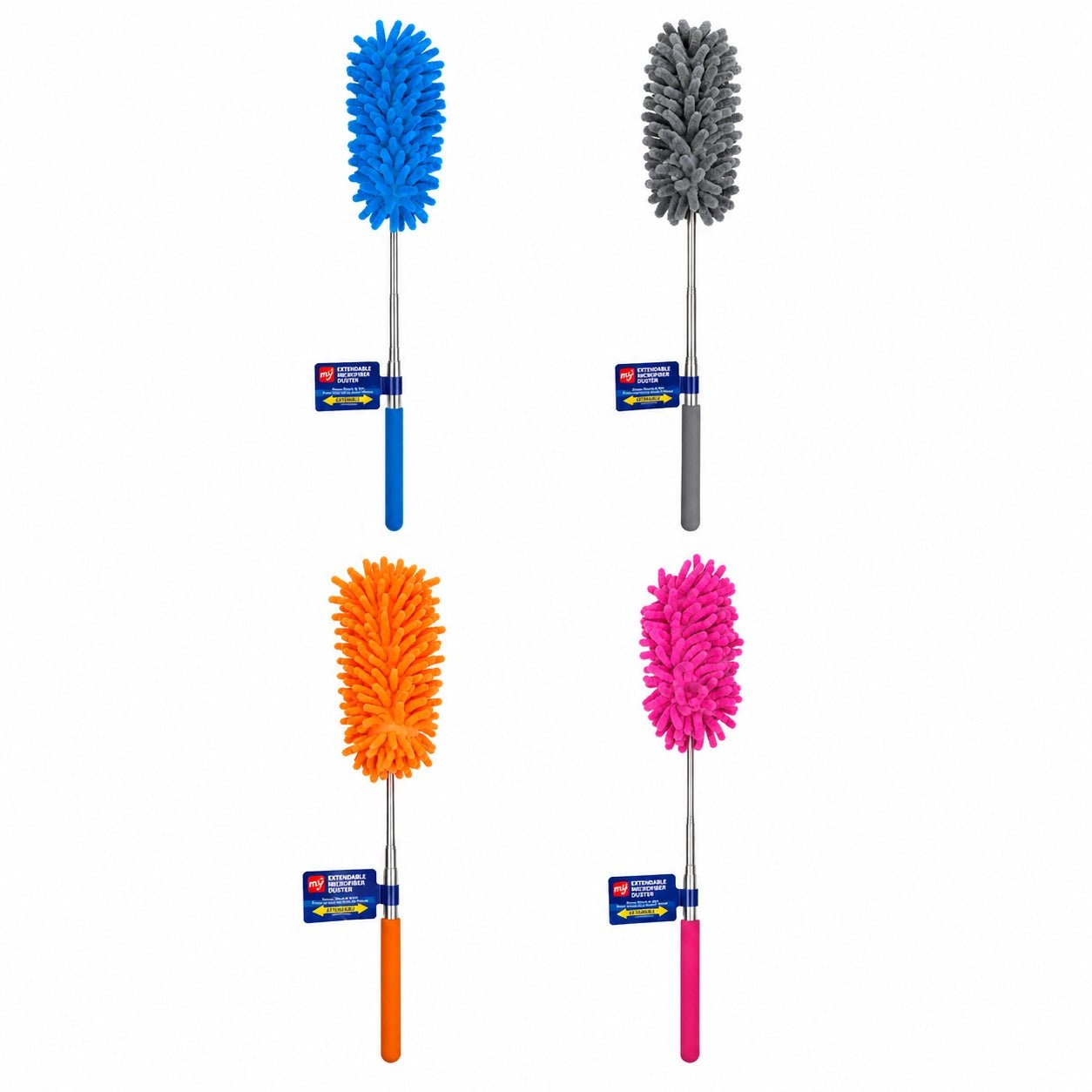 Four colorful duster brushes with different bristle patterns on a white background