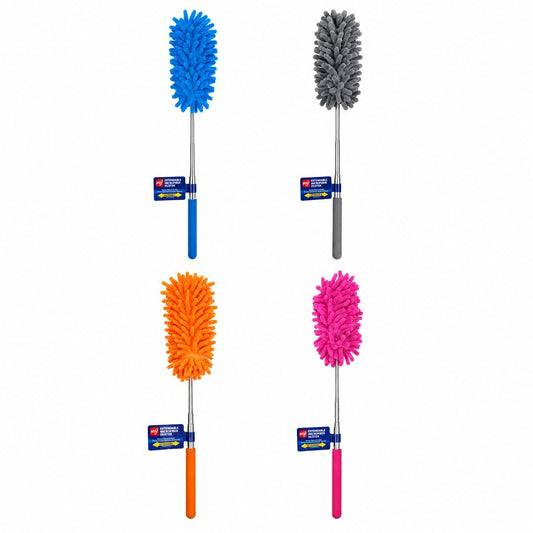 Four colorful duster brushes with different bristle patterns on a white background