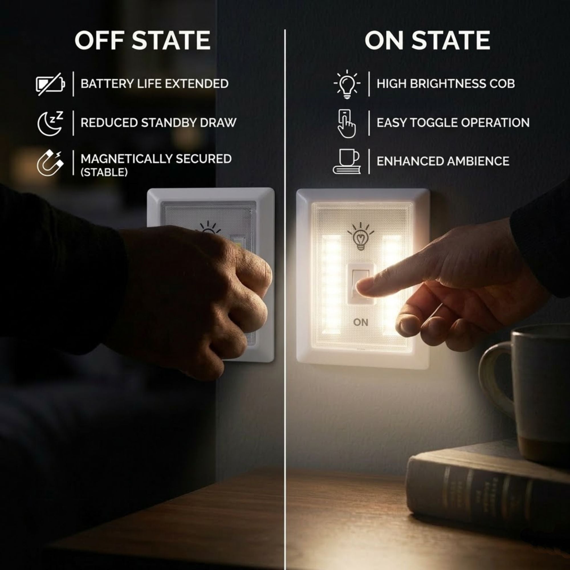 EZ Tech COB LED 200 Lumen Cordless Wall Switch Light Cordless Wall Light size and feature image