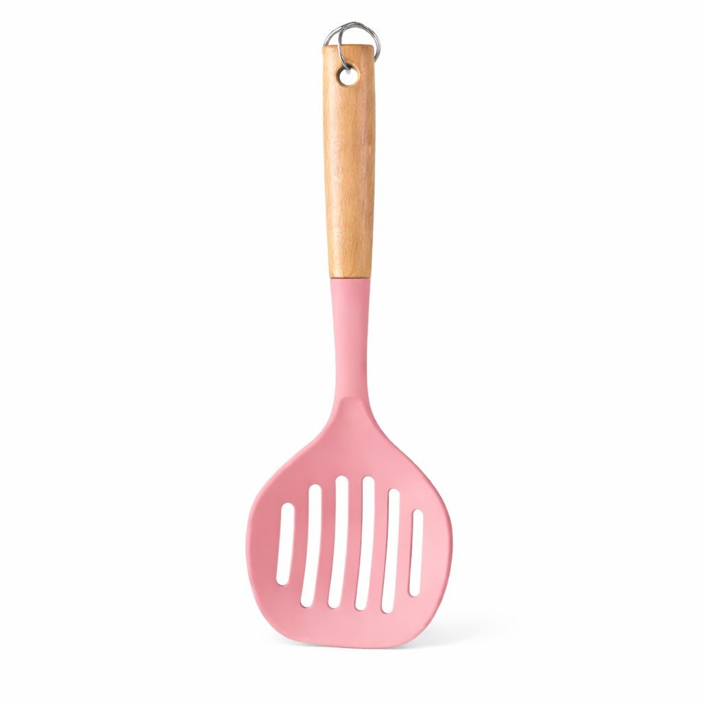 12.6" x 4.3" Ideal Kitchen Silicone w/ Wood Handle Skimmer Pink Slotted Skimmer Utensils main product image