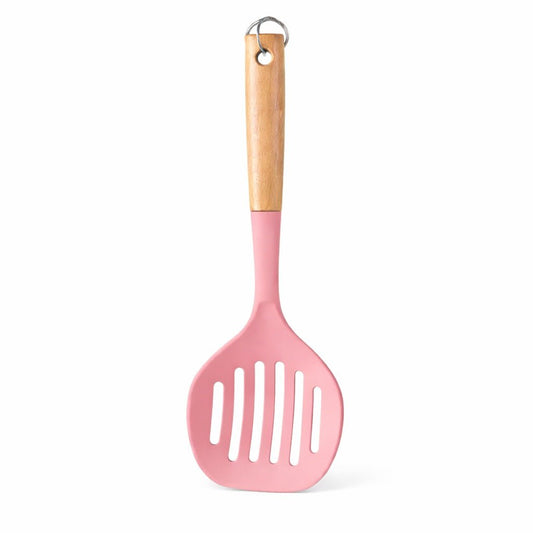 Pink slotted spoon with a wooden handle on a white background