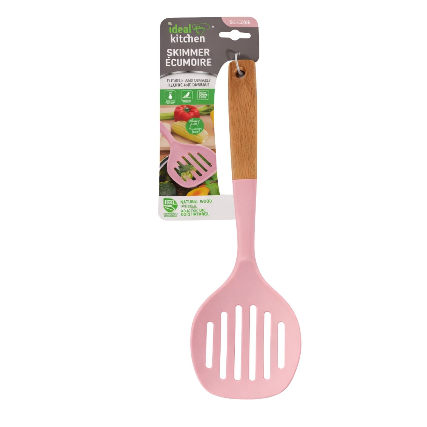 12.6" x 4.3" Ideal Kitchen Silicone w/ Wood Handle Skimmer Pink Slotted Skimmer Utensils product detail image