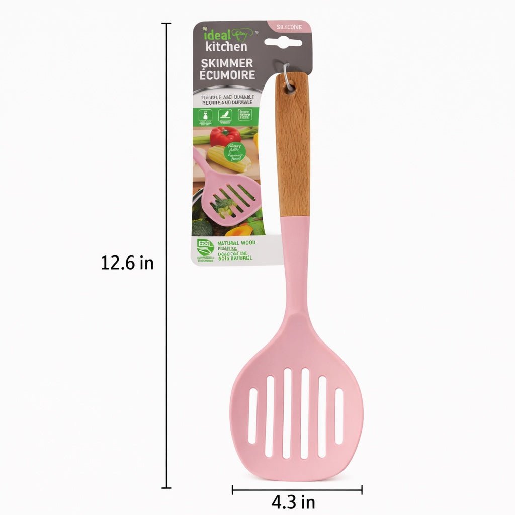 12.6" x 4.3" Ideal Kitchen Silicone w/ Wood Handle Skimmer Pink Slotted Skimmer Utensils size and feature image