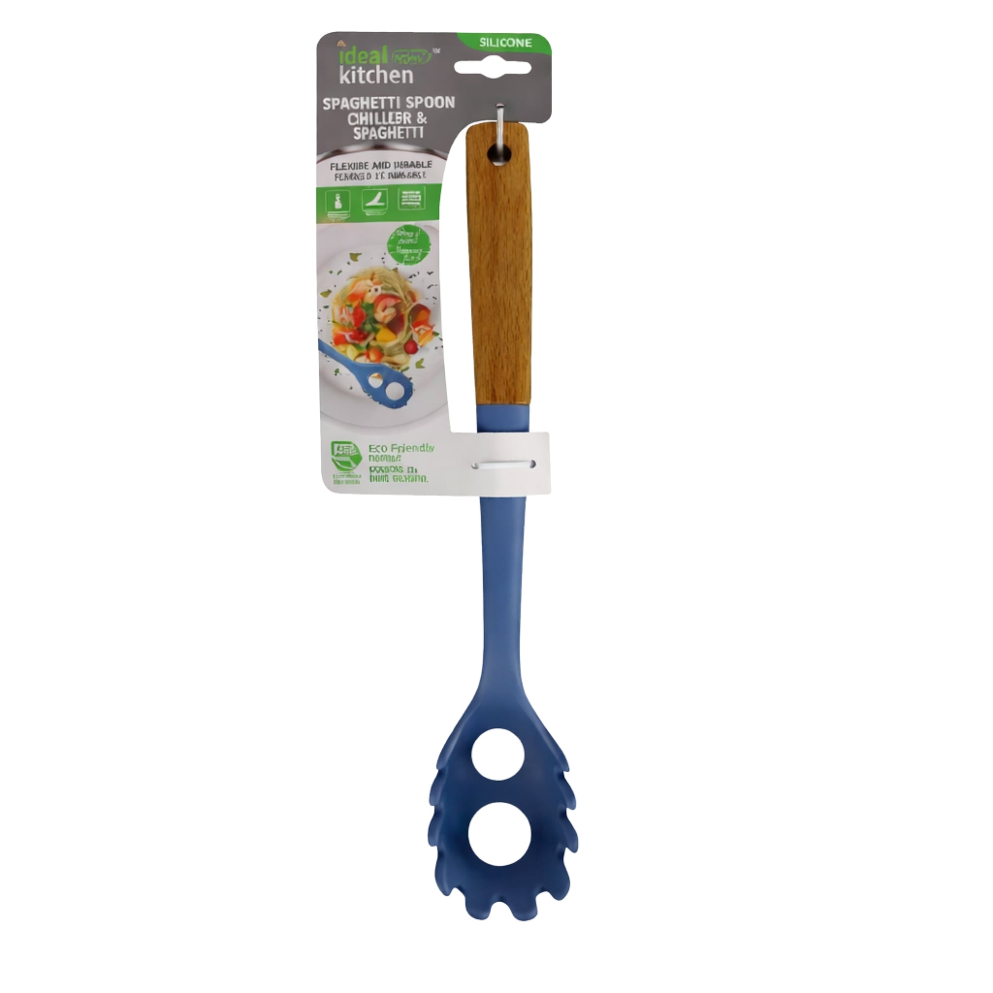 12" Blue Silicone & Wood Handle Ideal Kitchen Spaghetti Spoon Utensils main product image