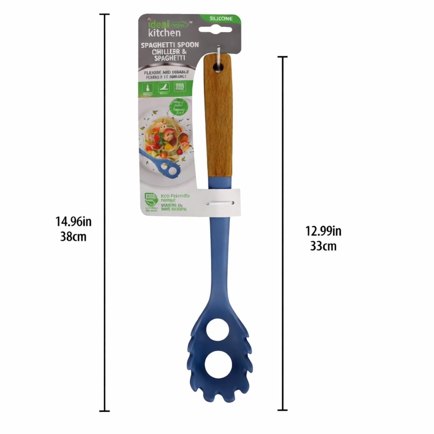 12" Blue Silicone & Wood Handle Ideal Kitchen Spaghetti Spoon Utensils size and feature image