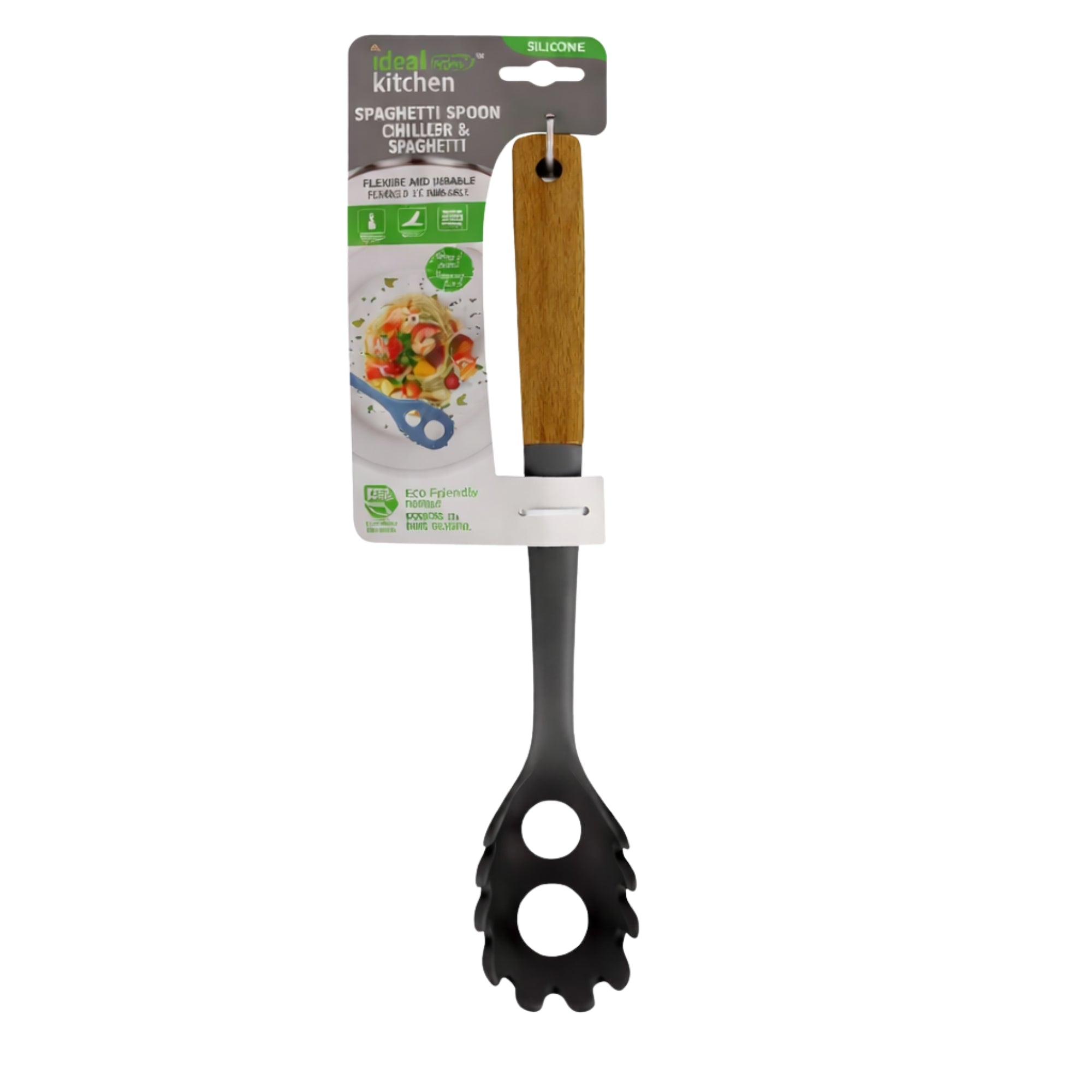12" Gray Silicone & Wood Handle Ideal Kitchen Spaghetti Spoon Utensils main product image