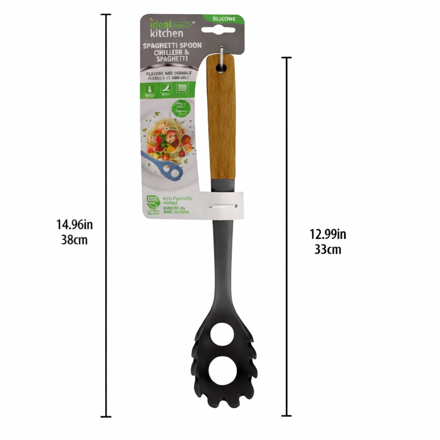 12" Gray Silicone & Wood Handle Ideal Kitchen Spaghetti Spoon Utensils size and feature image