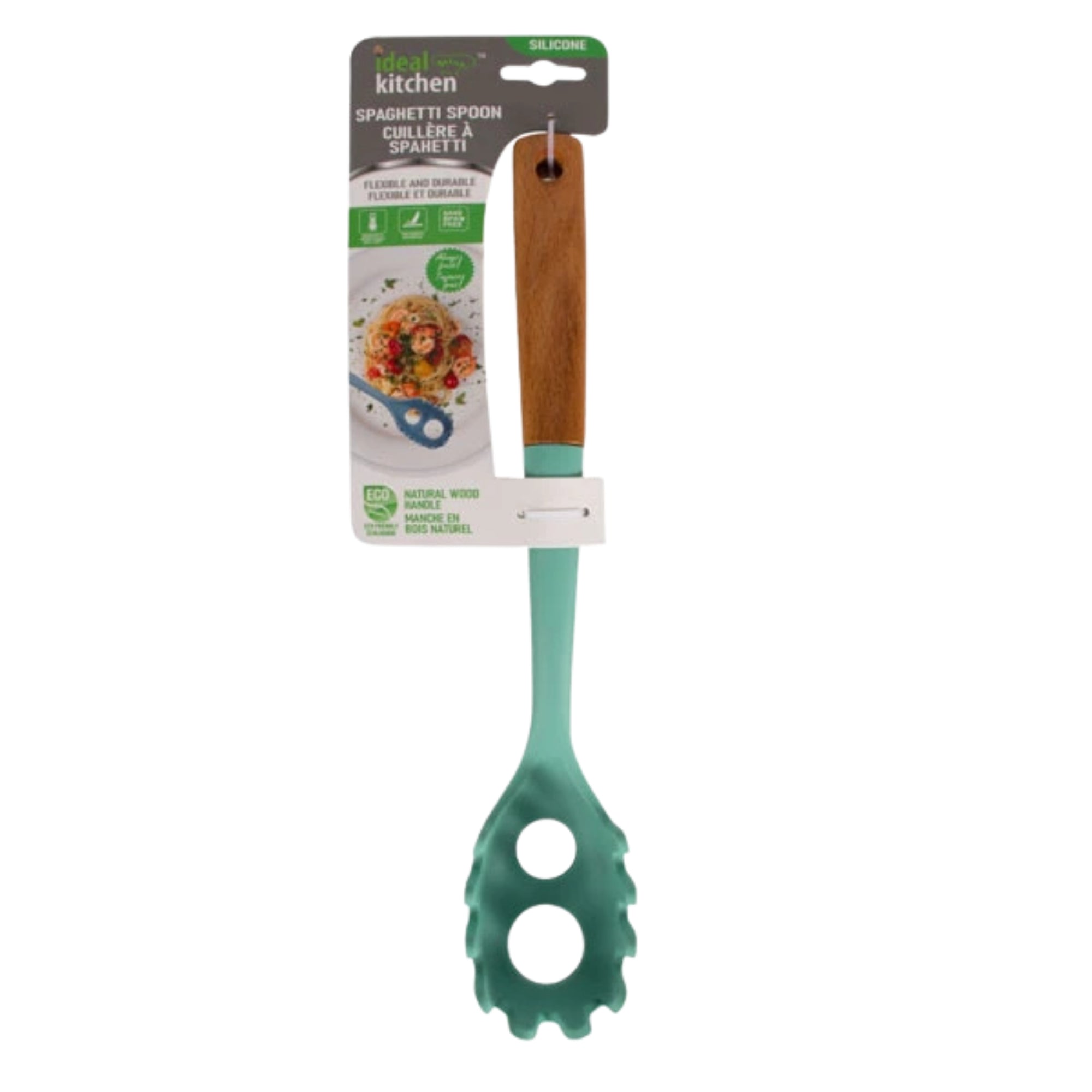12" Green Silicone & Wood Handle Ideal Kitchen Spaghetti Spoon Utensils main product image
