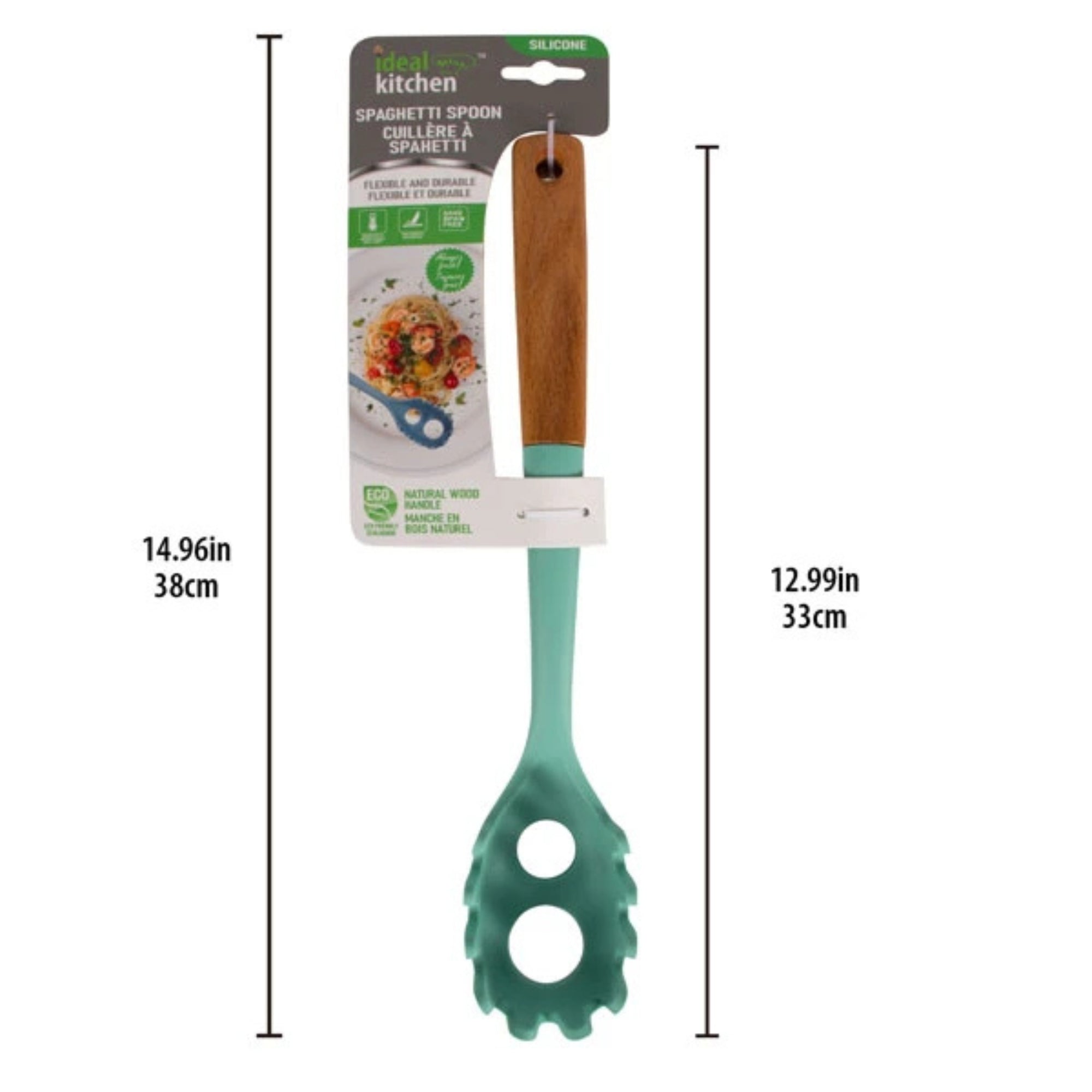 12" Green Silicone & Wood Handle Ideal Kitchen Spaghetti Spoon Utensils size and feature image