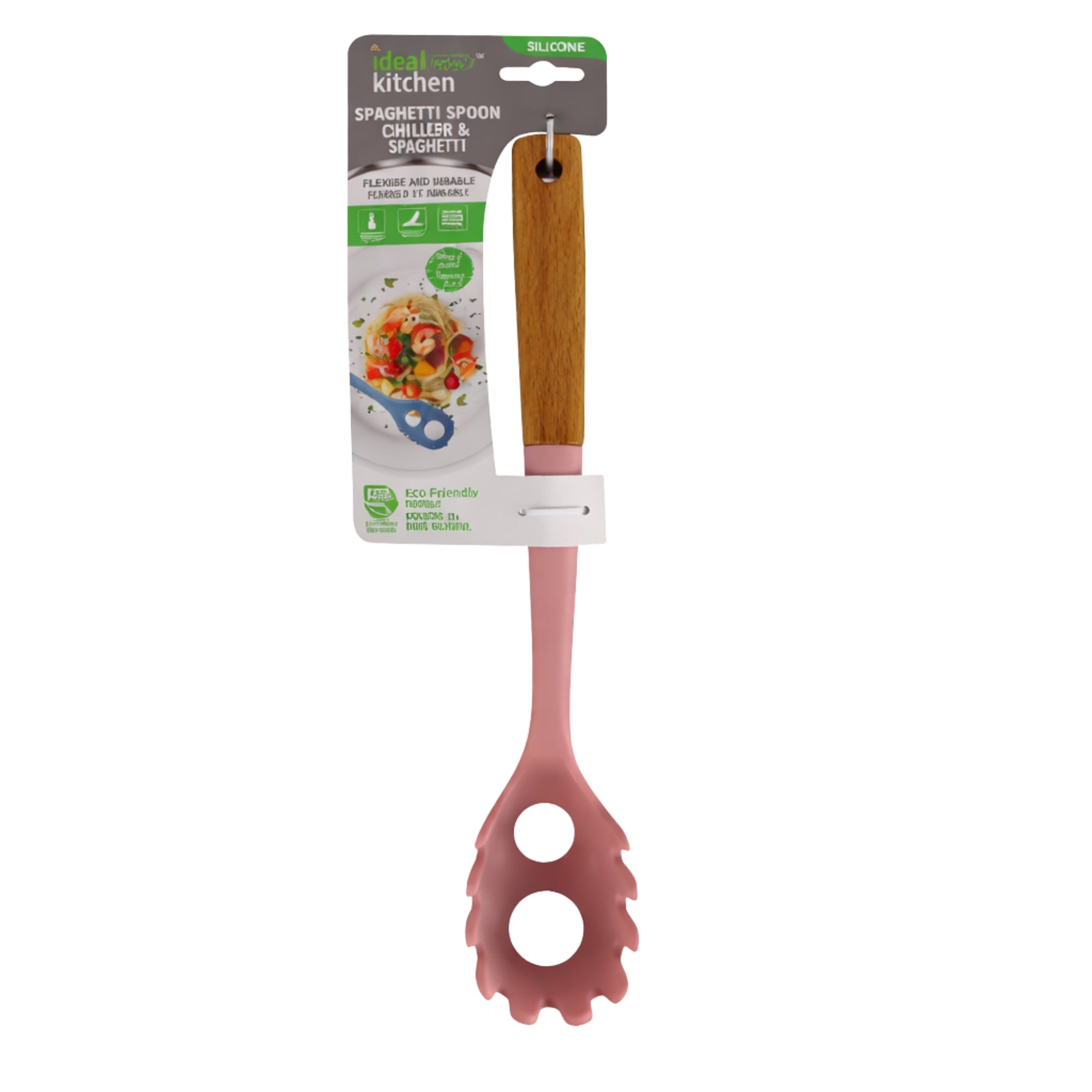 12" Pink Silicone & Wood Handle Ideal Kitchen Spaghetti Spoon Utensils main product image