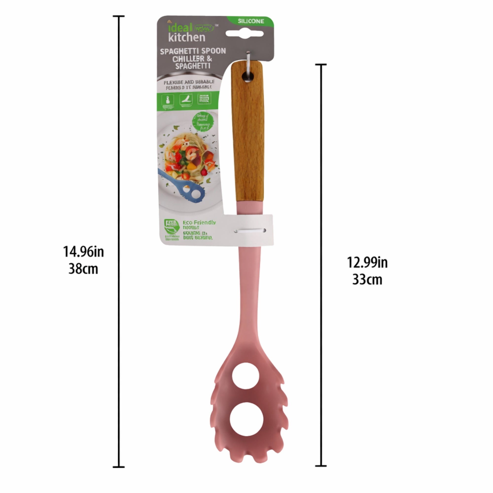 12" Pink Silicone & Wood Handle Ideal Kitchen Spaghetti Spoon Utensils size and feature image