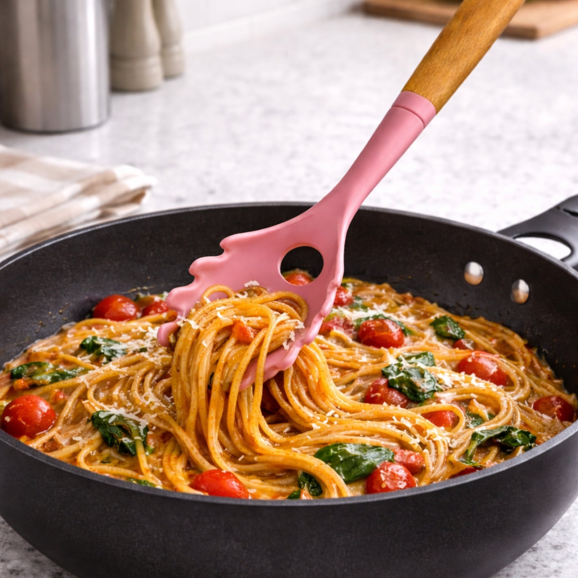 12" Pink Silicone & Wood Handle Ideal Kitchen Spaghetti Spoon Utensils lifestyle use image