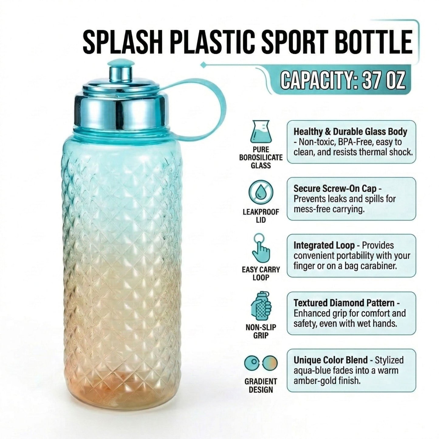 37oz Large Reusable Leakproof Splash Plastic Sport Bottle
