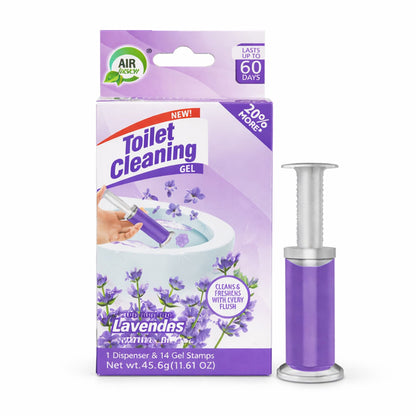 Toilet cleaning gel with packaging and lavender flavor indication on a white background