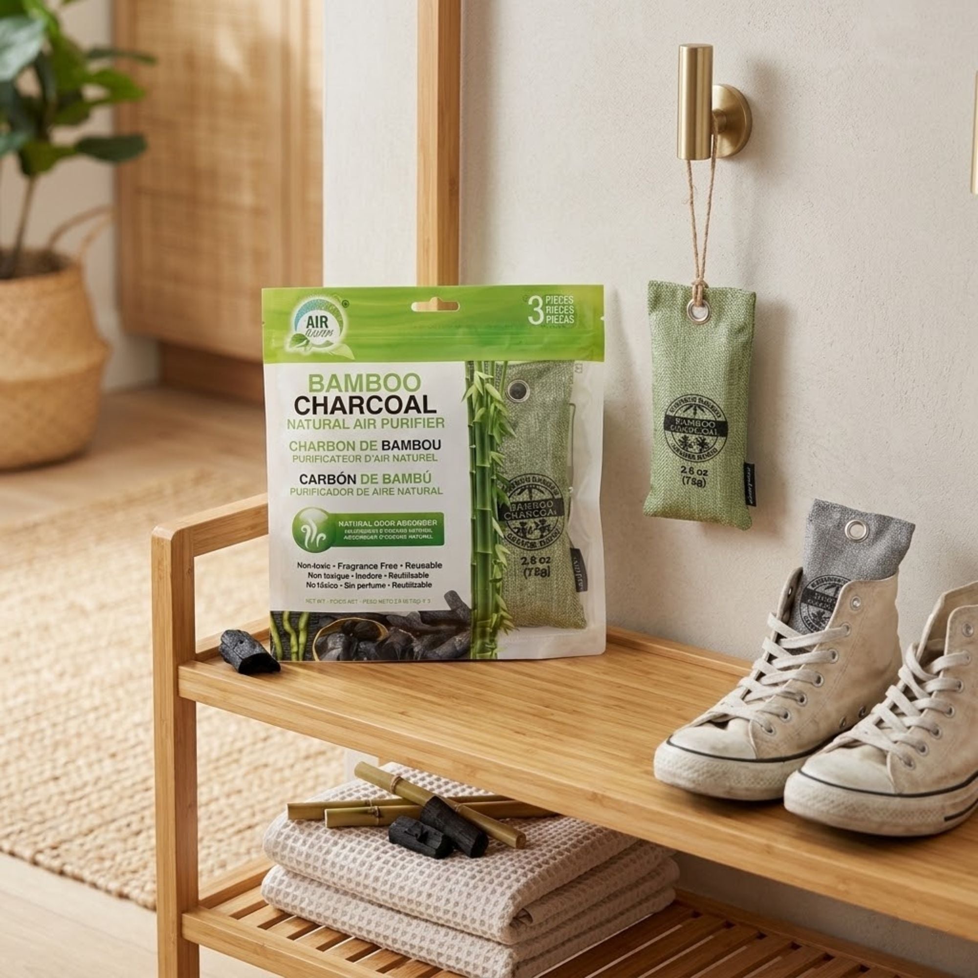 3 PK Air Fusion Bamboo Charcoal Air Purifying Bags Charcoal Natural Air Purifier size and feature image