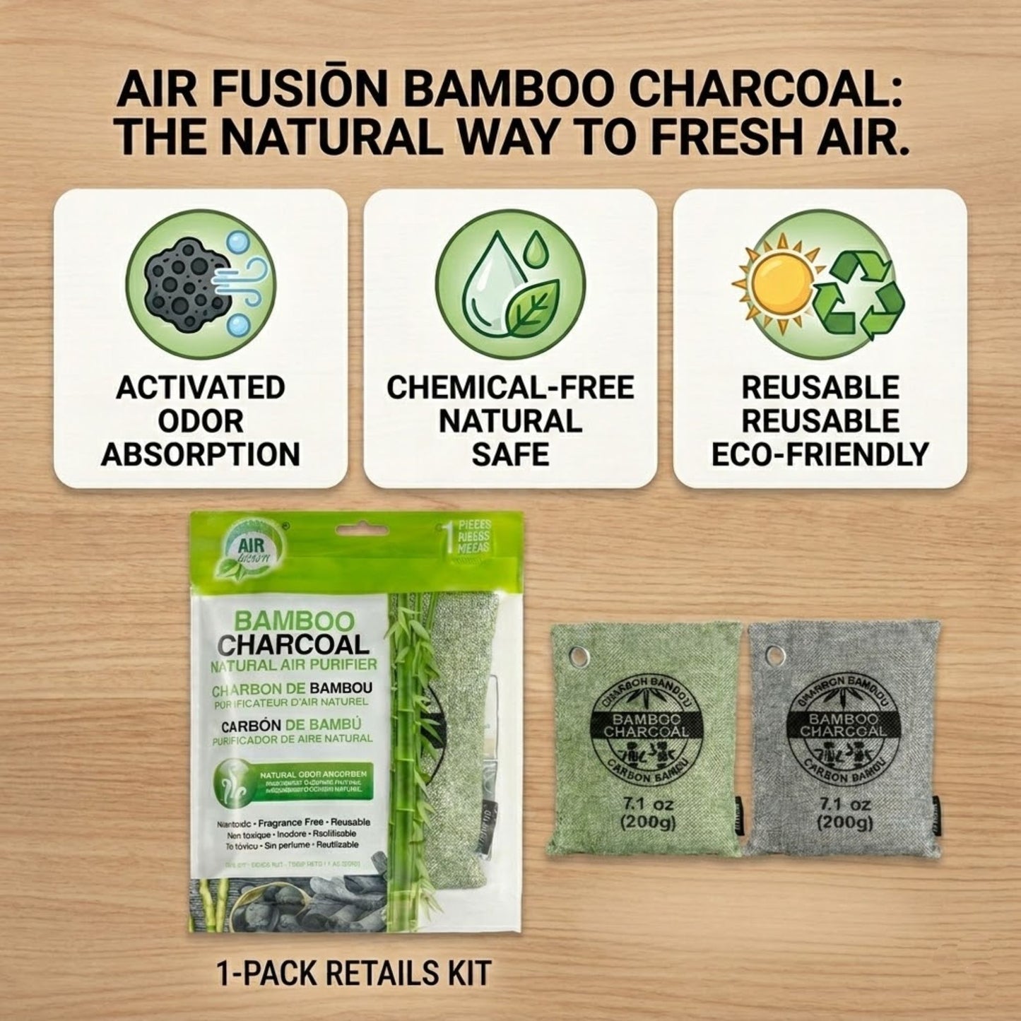 1 Piece Air Fusion Bamboo Charcoal Odor & Moisture Control Natural Air Purifier