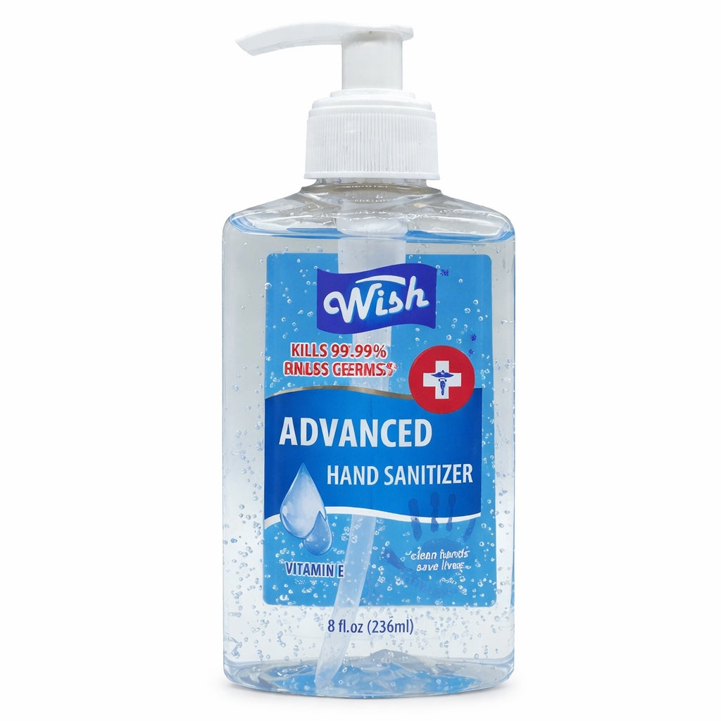Bottle of Wish Advanced Hand Sanitizer on a white background