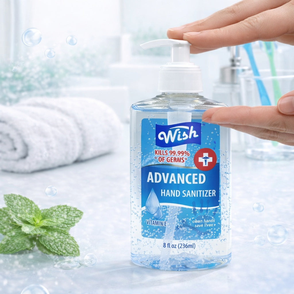 Bottle of Wish Advanced Hand Sanitizer with a hand reaching out to dispense it, surrounded by a blurred background.