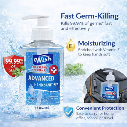 Wish Advanced Hand Sanitizer bottle with features highlighted on a light blue background