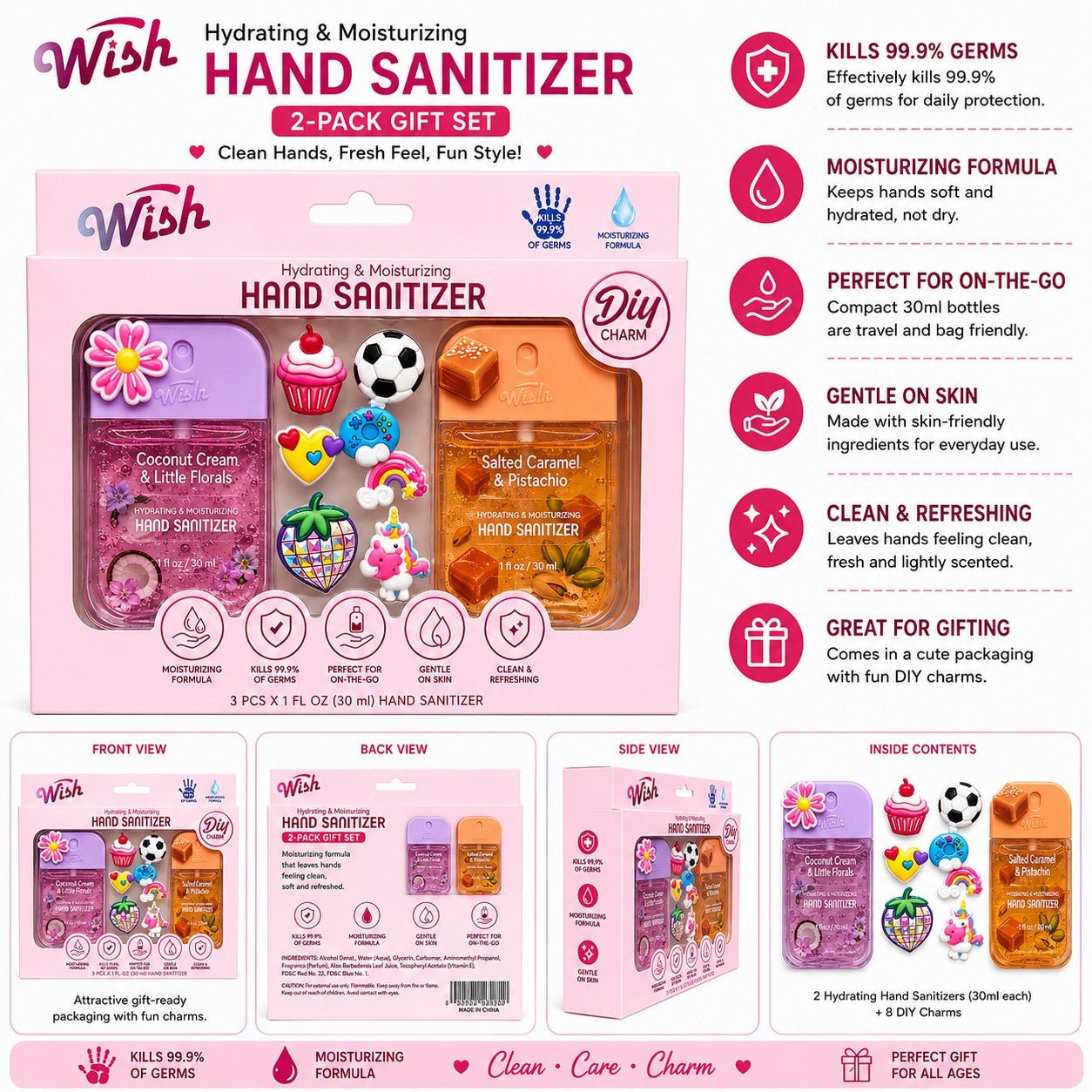 Wish hand sanitizer 2-pack gift set packaging with product details and features.