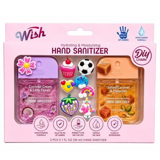 Packaging of Wish hand sanitizers with colorful designs on a pink background