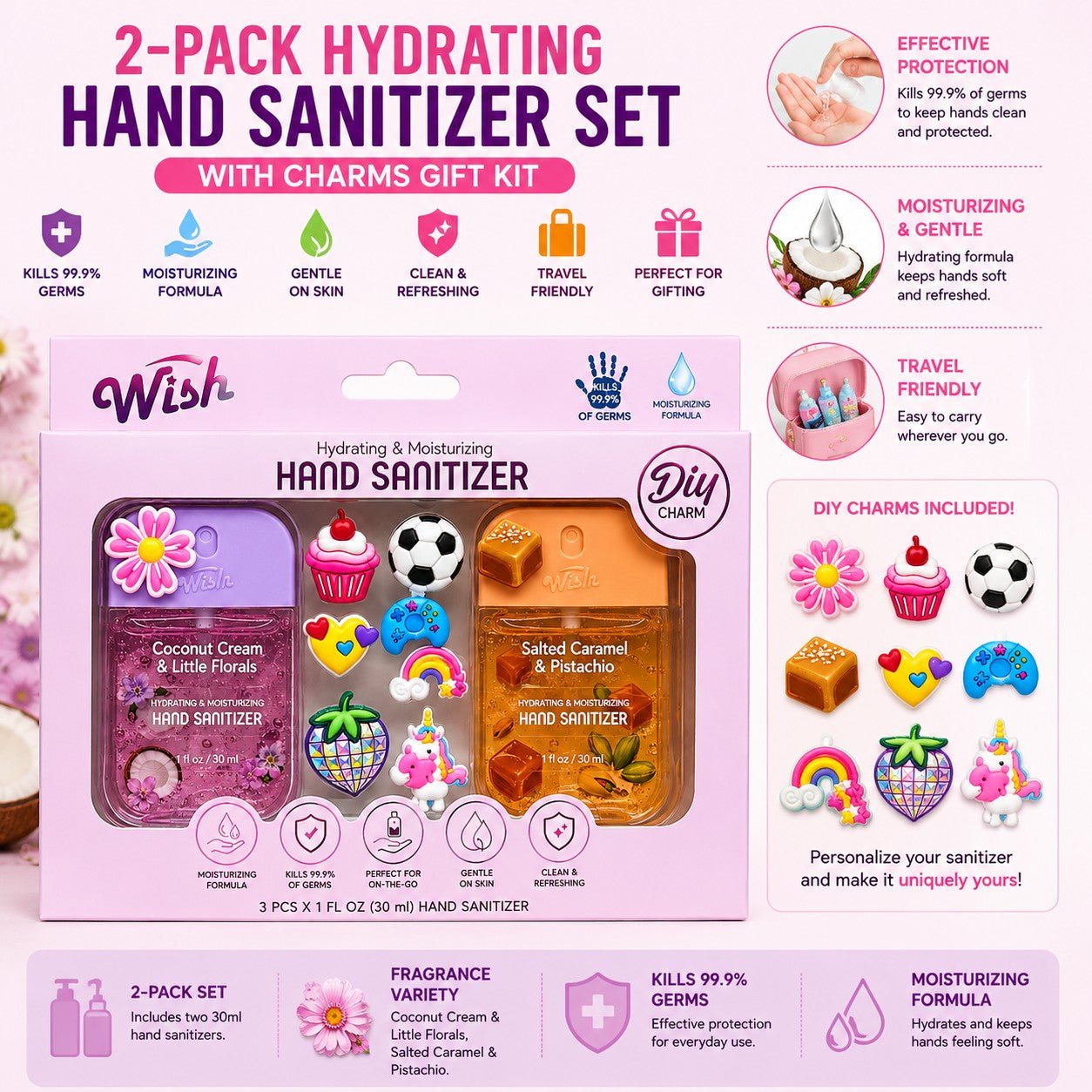 2-Pack Hydrating Hand Sanitizer Set with Charms Gift Kit packaging