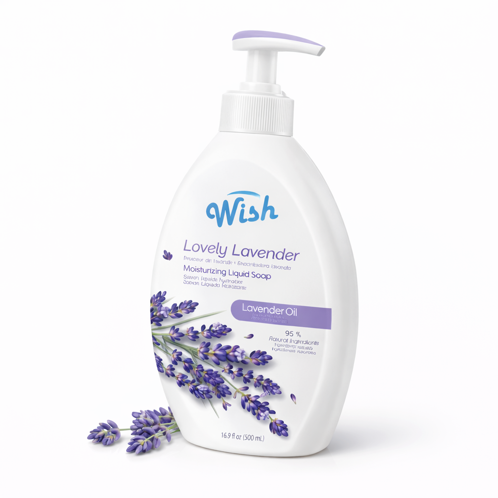 White bottle of 'Wish' Lovely Lavender liquid soap with lavender flowers on a white background