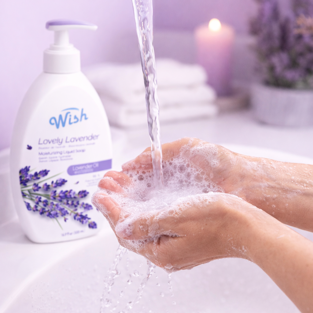 Person washing hands with a bottle of 'Wish' Lavender soap in a bathroom setting.