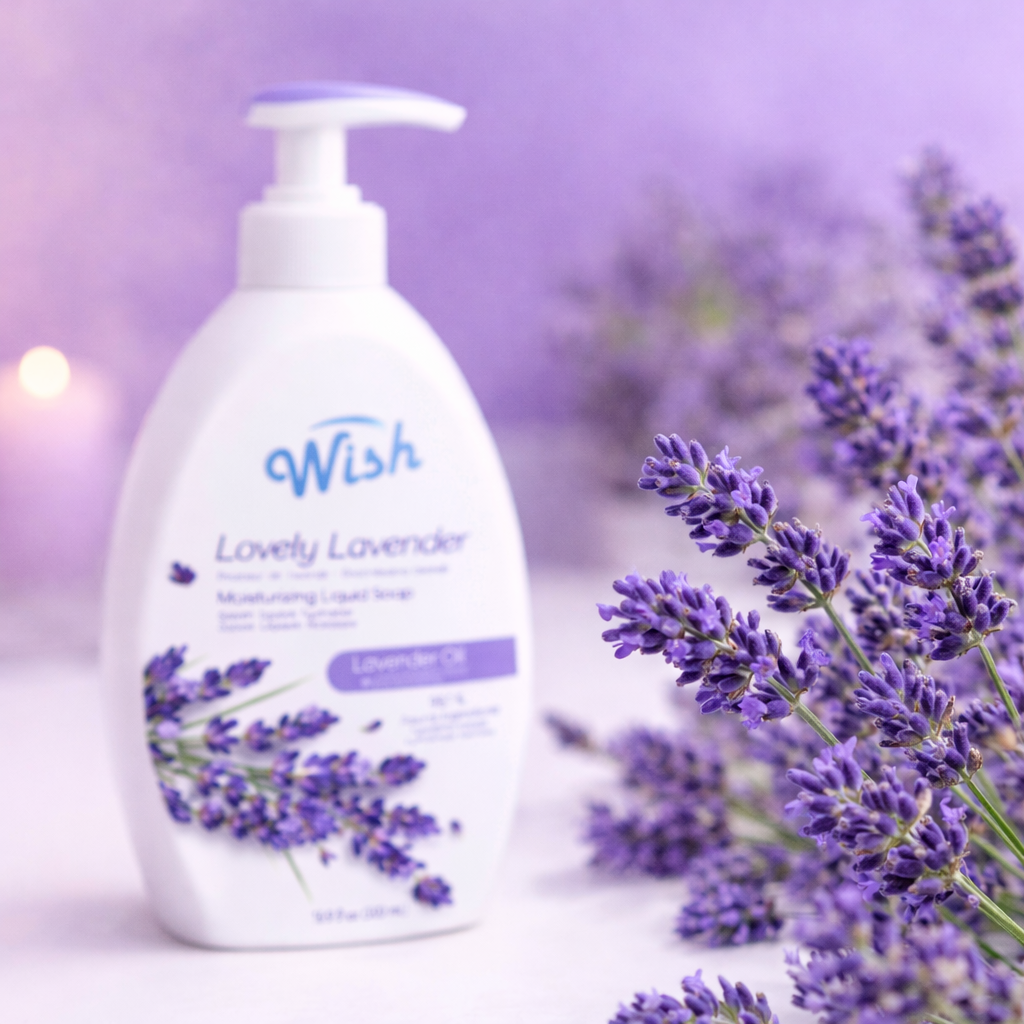 Lavender-themed bottle of 'Wish' liquid soap with lavender flowers on a light purple background