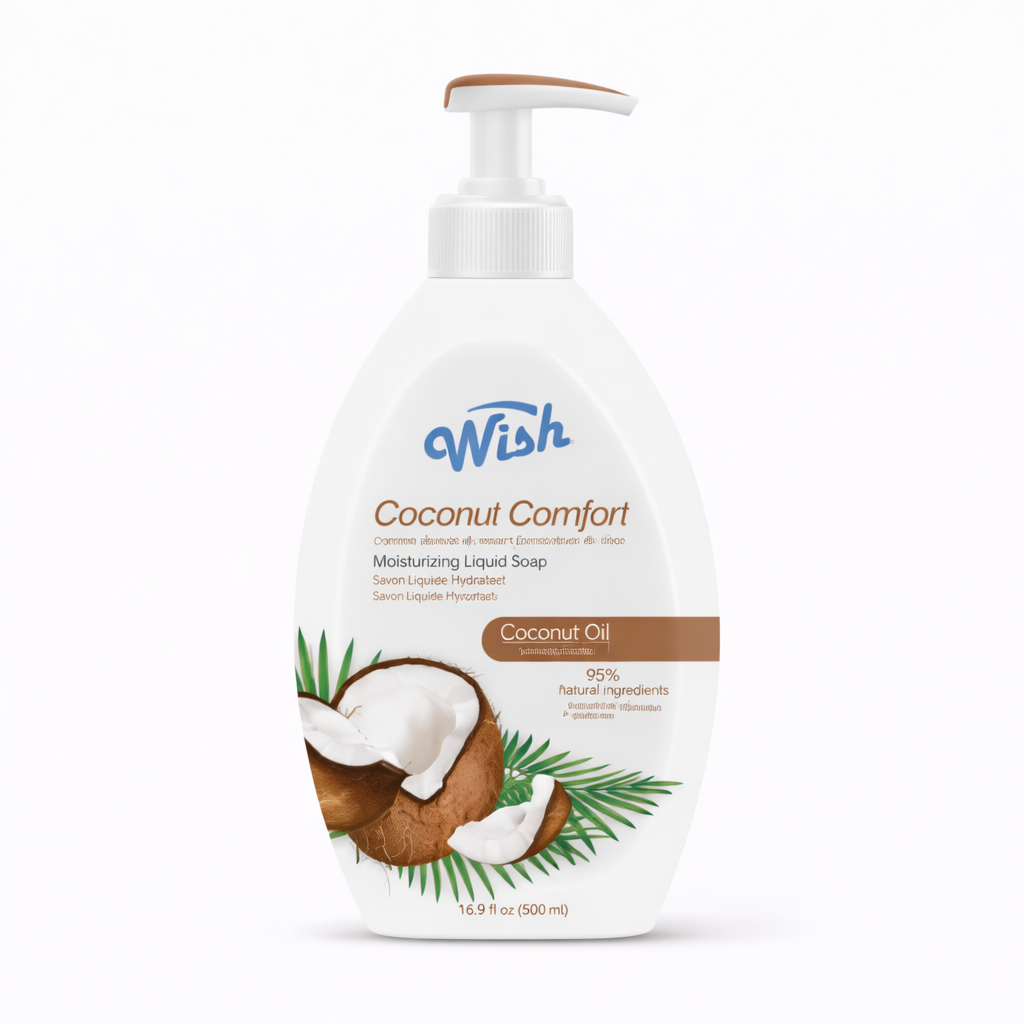White pump bottle of Wish Coconut Comfort liquid soap on a white background