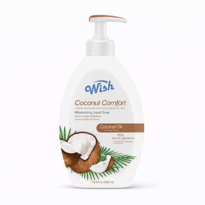 White pump bottle of Wish Coconut Comfort liquid soap on a white background