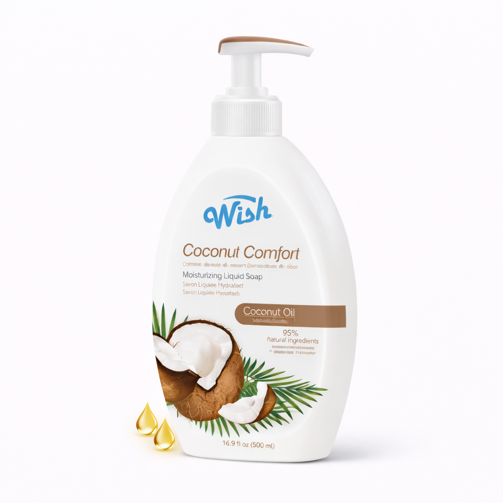 White bottle of Wish Coconut Comfort Liquid Soap with coconut graphics on a white background