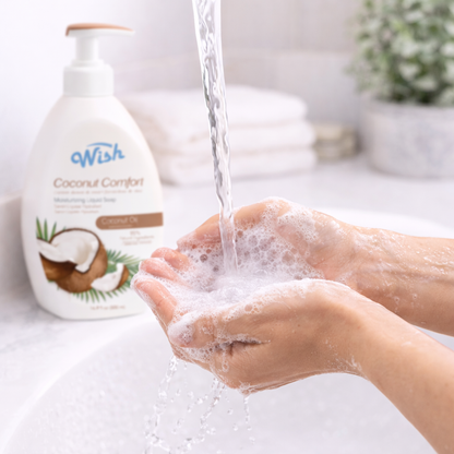Person washing hands with a bottle of 'Wish Coconut Comfort' soap.