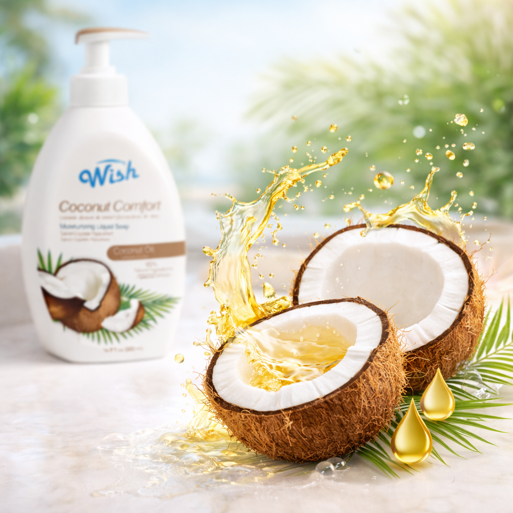 Coconut-themed product with 'Wish' brand on a natural background