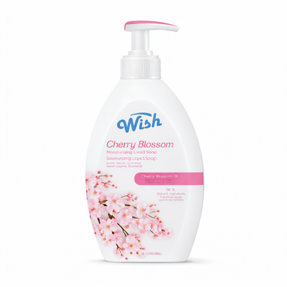 White bottle of Wish Cherry Blossom liquid soap with cherry blossom design on a white background