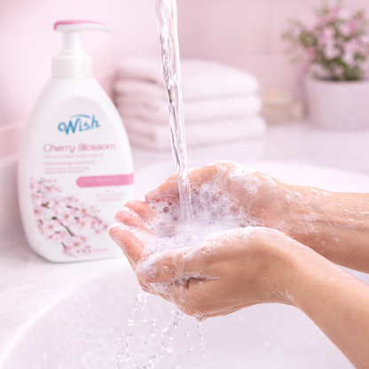 Person washing hands with cherry blossom soap and water, with a bottle of 'Wish' soap in the background.